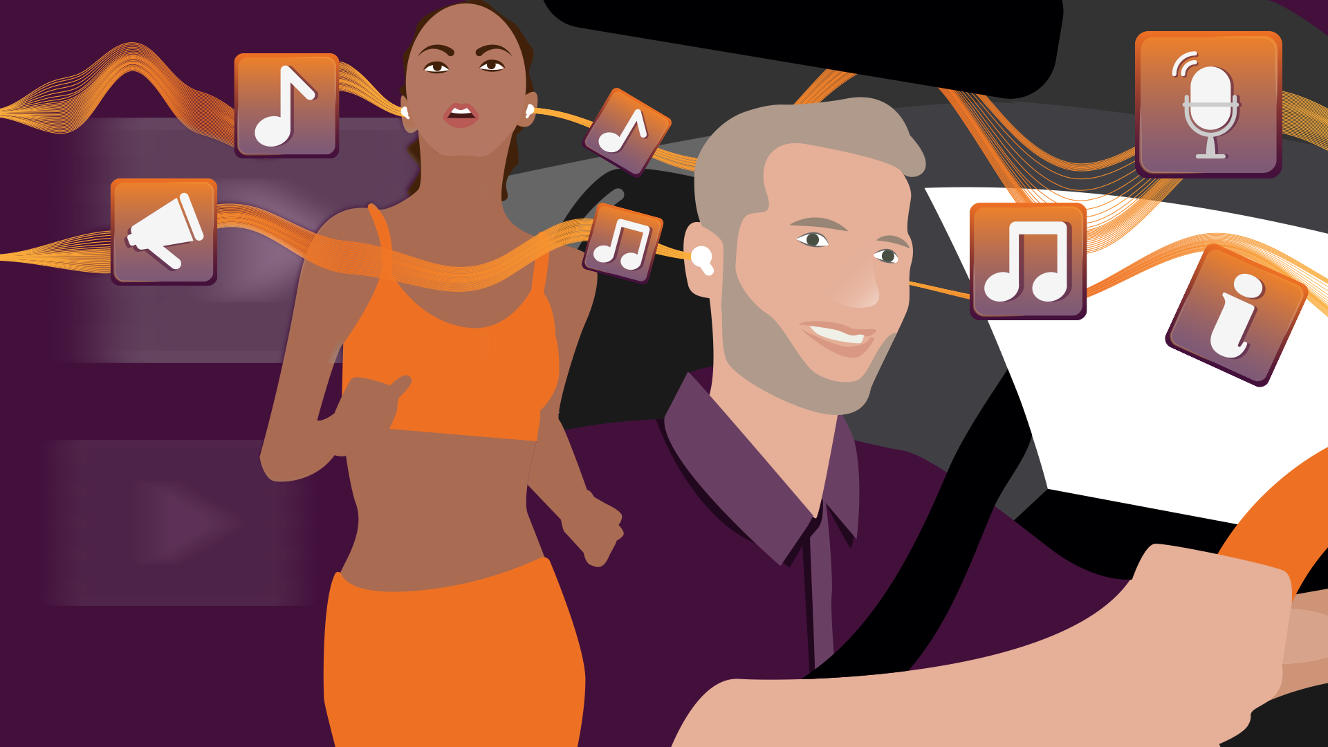 illustration of Busy people consuming audio content
